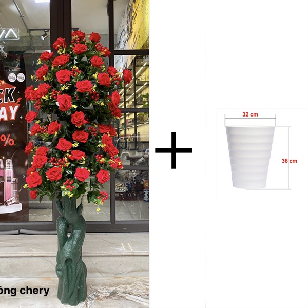 Cây hồng cherry có chậu tròn đại - Thành phẩm - Hoa Lụa Vân Vượng