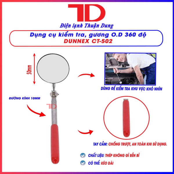 Dụng cụ kiểm tra, gương tròn phóng to 360 độ Dunnex CT-502, đường kính 50mm, tay cầm thép (thùng 100 cái)