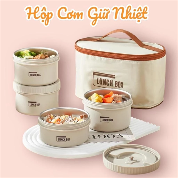 Hộp Cơm Giữ Nhiệt Văn Phòng Lunch Box 4 Tầng Cao Cấp , Inox 304 Chống Gỉ Và Giữ Nhiệt Tặng Kèm Túi Đựng Giữ Nhiệt