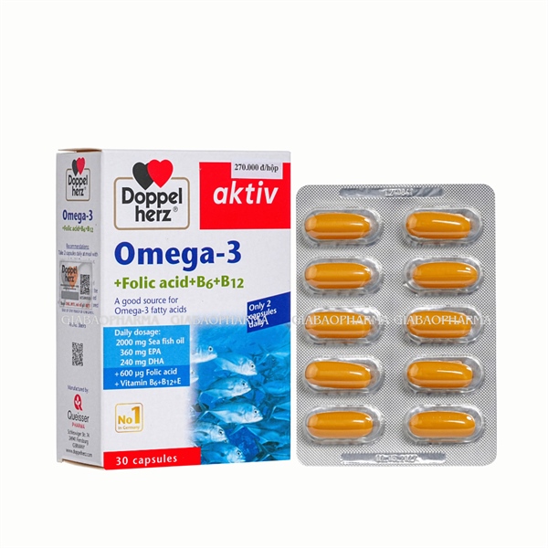 Viên dầu cá Doppelherz Omega 3 + Folic acid + B6 + B12 Đức bổ tim mạch, giảm mỡ máu hộp 30 viên ( OME 011 )