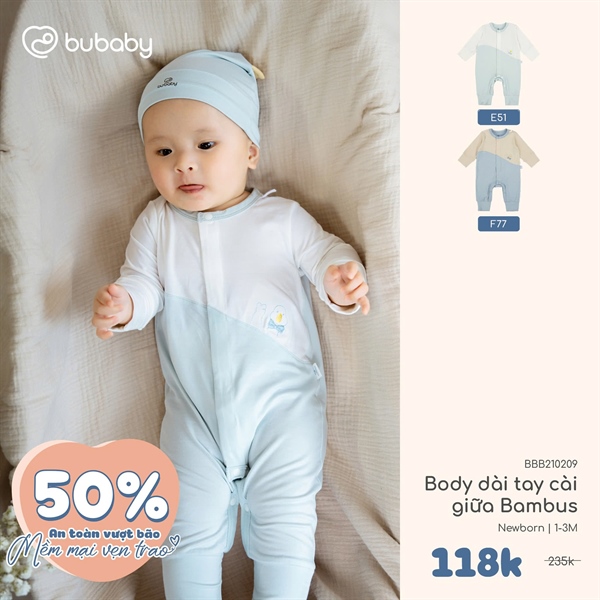 BB2102 - NB/3M Body dài tay cài giữa Bambus