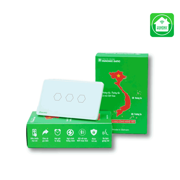 Công tắc cảm ứng WiFi Hunonic Datic 3 Nút, màu Trắng