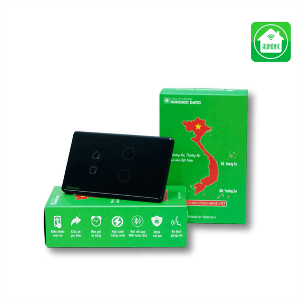 Công tắc cảm ứng WiFi Hunonic Datic 2 Nút 1 Ổ, màu Đen