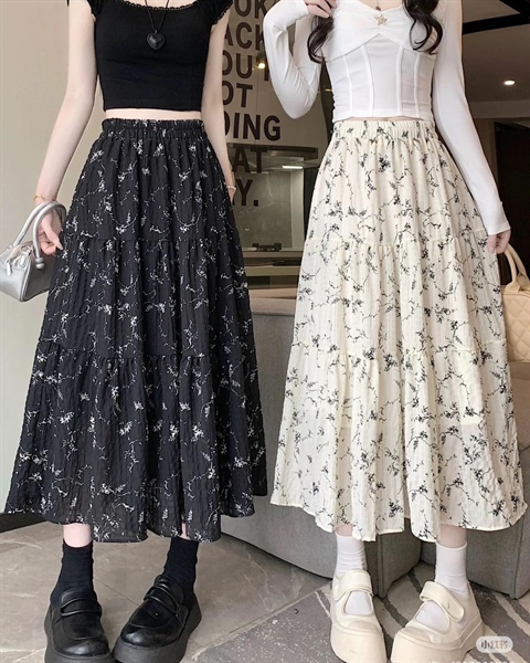 Chân váy hoa tơ nhăn dài K