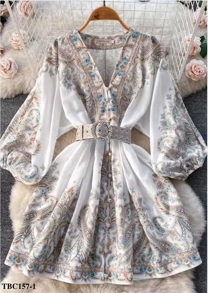 White Classic French Dress with Puff Sleeves and V-Neck