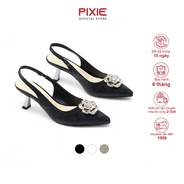 Giày Slingback 5cm Da Lấp Lánh Đính Đá Hoa Hồng H416