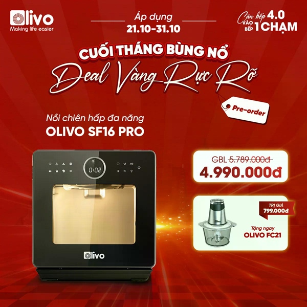 Nồi Chiên Hấp Đa Năng OLIVO SF16 PRO 2025 – Bản Nâng Cấp 70 Chế Độ Cài Sẵn, Toàn Bộ Khoang Nồi Và Phụ Kiện Bằng Inox 304 Cao Cấp, Dung Tích 16L, Vệ Sinh Dễ Dàng
