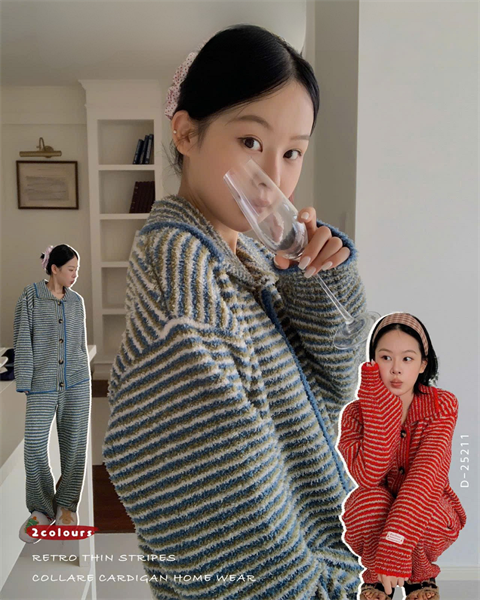 Bộ quần áo ấm thu đông DSTUDIO áo cardigan cổ bẻ sọc nhỏ phong cách Retro cổ điển D25211