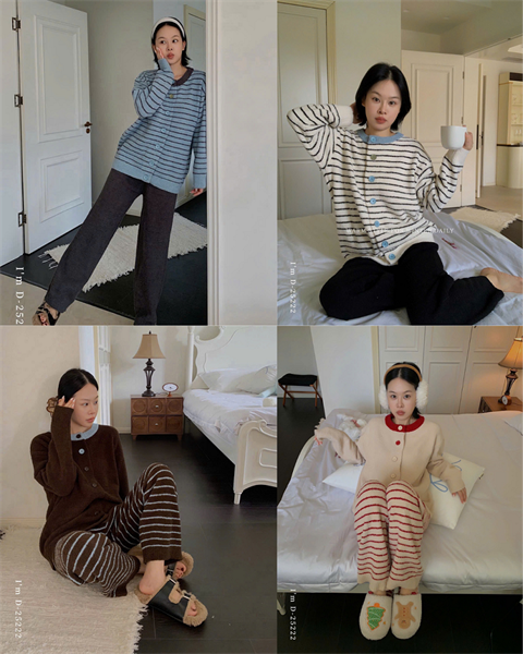 Bộ mặc nhà thu đông DSTUDIO áo khoác cardigan phối màu color-block giữ ấm D25222