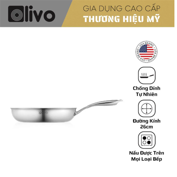 CHẢO INOX OLIVO STEVE 2655 – Chống Dính Tự Nhiên, An Toàn Cho Sức Khỏe, Đường Kính 26cm, Sâu 5.5cm, Nấu Được Trên Mọi Loại Bếp