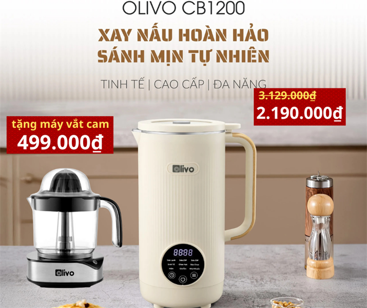 Máy Xay Nấu Đa Năng OLIVO CB1200, Dung Tích 1.2L, Nắp INOX 304 Kết Hợp Kính Cường Lực, 10 Chế độ, Khử khuẩn, Chống Trào Tuyệt Đối
