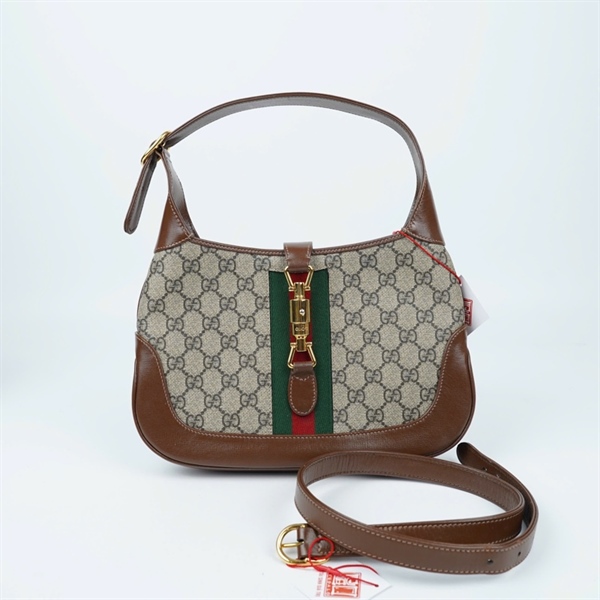 Túi GG Jackie xám viền nâu (636706-486628) sz27 (BQ) KG+