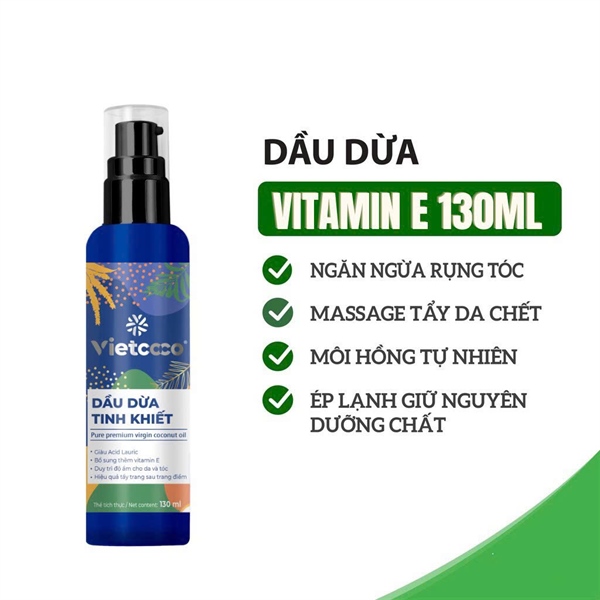 Dầu dừa ép lạnh Vietcoco bổ sung vitamin E 130ml (vòi nhấn)