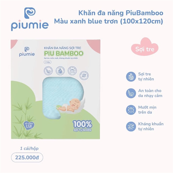 Khăn đa năng sợi tre màu xanh Blue trơn Piumie 120*100