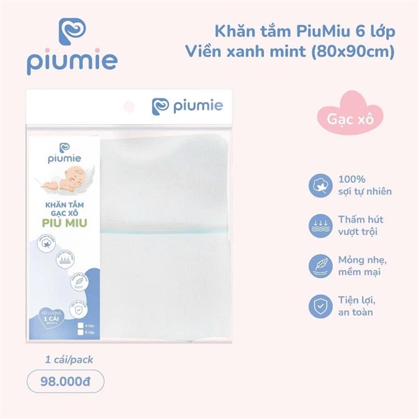 Khăn tắm gạc xô Cotton 6 lớp viền xanh blue Piumie 80*90