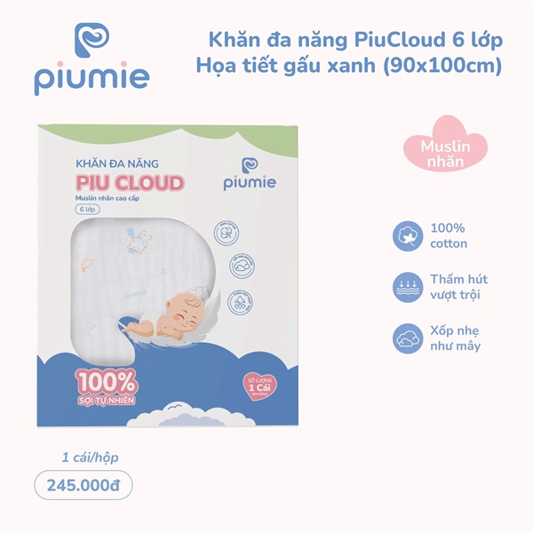 Khăn đa năng muslin nhăn 6 lớp hoạ tiết gấu xanh Piumie 90*100