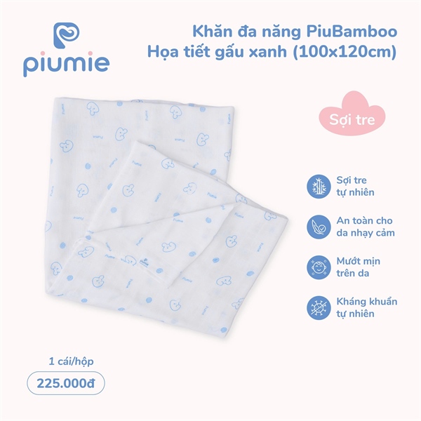 Khăn đa năng sợi tre 2 lớp hoạ tiết gấu xanh Piumie 100*120