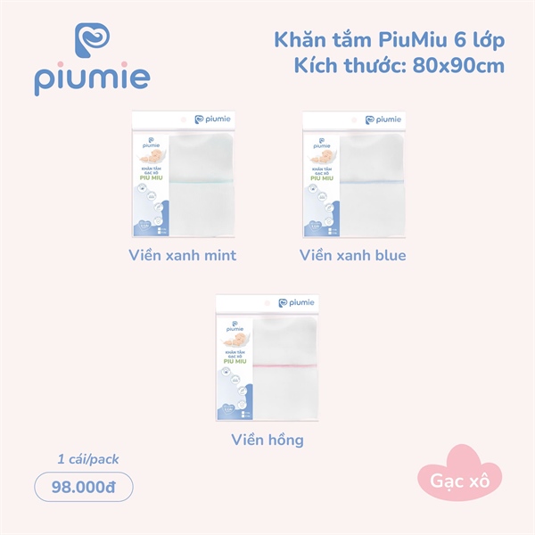 Khăn tắm gạc xô Cotton 6 lớp viền xanh mint Piumie 80*90