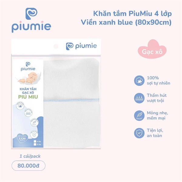 Khăn tắm gạc xô Cotton 4 lớp viền xanh blue Piumie 80*90