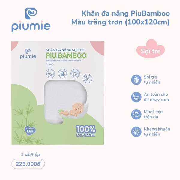 Khăn đa năng sợi tre màu trắng trơn Piumie 100*120
