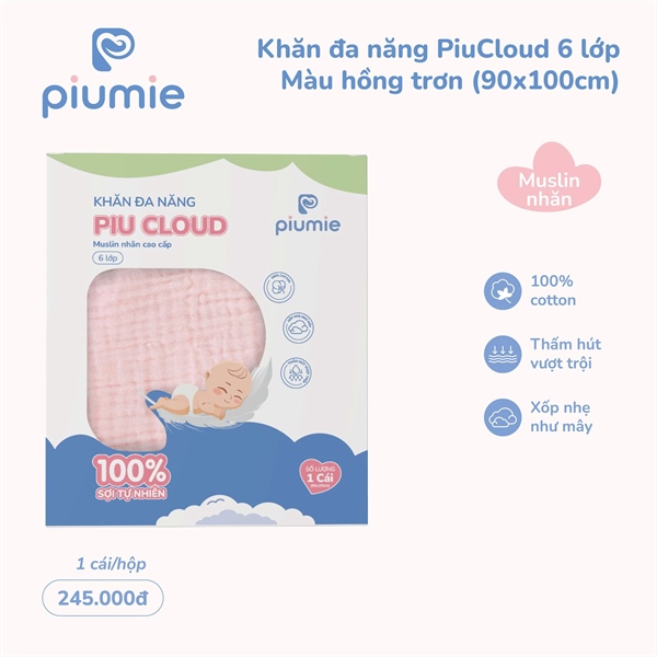 Khăn đa năng muslin nhăn 6 lớp hồng trơn Piumie 90*100