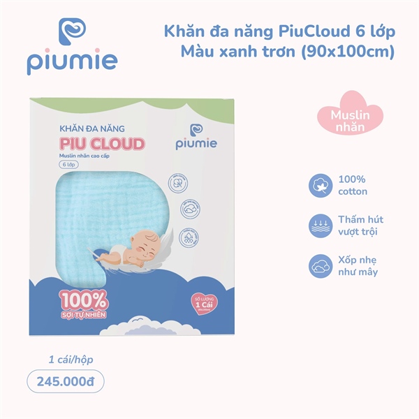 Khăn đa năng muslin nhăn 6 lớp xanh Blue trơn Piumie 90*100