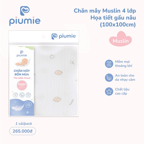 Chăn mây muslin 4 lớp Piumie HT gấu 100*100