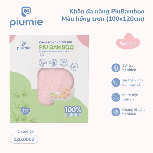 Khăn đa năng sợi tre màu hồng trơn Piumie 100*120