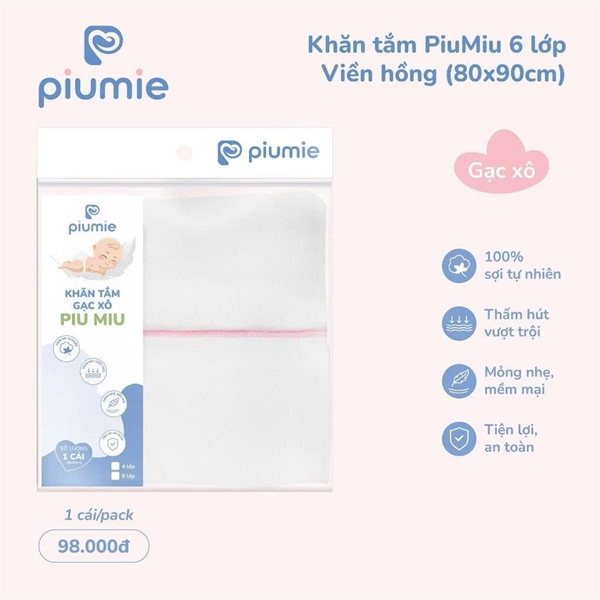 Khăn tắm gạc xô Cotton 6 lớp viền hồng Piumie 80*90