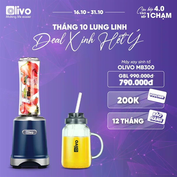 Máy Xay Sinh Tố OLIVO MB300 – 2 Cốc Linh Hoạt – Xay Đá Bào, Sinh Tố, Smoothie – Dung Tích 600ML