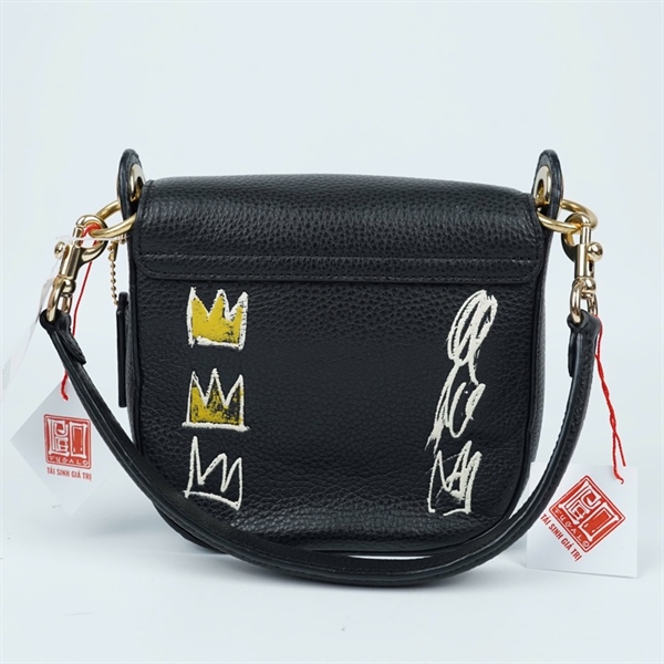 Túi Coach đen in chữ Famous 2strap sz16 KG+