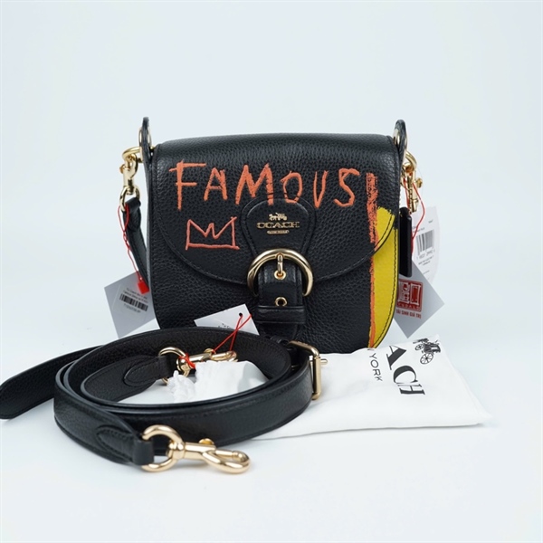 Túi Coach đen in chữ Famous 2strap sz16 KG+