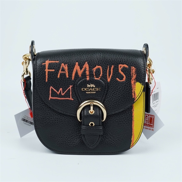 Túi Coach đen in chữ Famous 2strap sz16 KG+