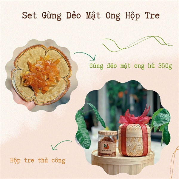 Set 1 - Gừng Dẻo Mật Ong Hũ 350g - Hộp Tre