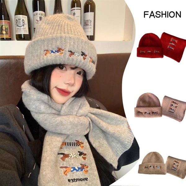 Set KHĂN + MŨ LEN thêu CÚN DỄ THƯƠNG HÀN QUỐC, mix