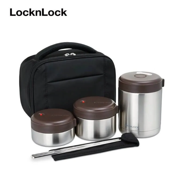 LHC8032SLV - Bộ hộp cơm giữ nhiệt LocknLock bằng thép không gỉ (460ml*1, 420ml*1, 280ml*1, đũa*1, túi*1) - Màu bạc
