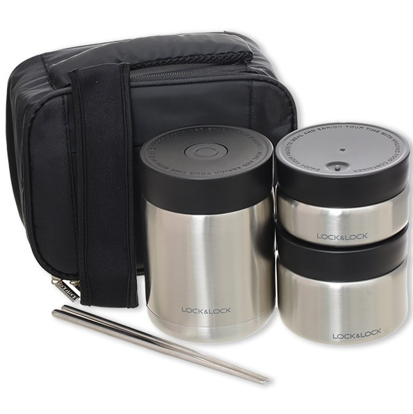 LHC8031SLV - Bộ hộp cơm giữ nhiệt Lock&Lock bằng thép không gỉ (460ml*1, 420ml*1, 280ml*1, đũa*1, túi*1) - Màu bạc