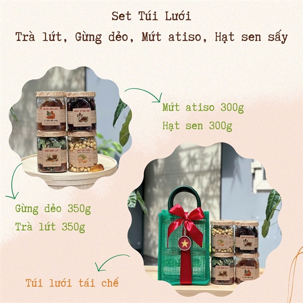 Set 4-Hạt sen, Mứt atiso, Gừng dẻo, Trà lứt - Túi Lưới
