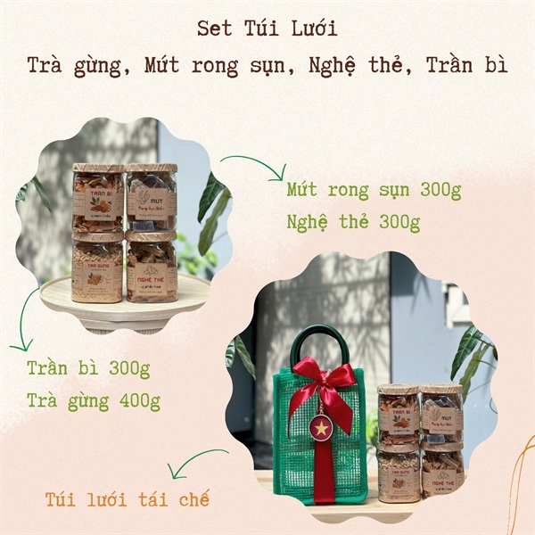 Set 4-Mứt rong, Trần bì, Nghệ thẻ, Trà gừng- Túi Lưới