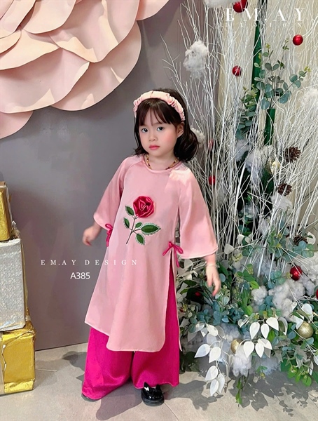BG Áo dài lụa đính hoa (1-10) hồng + bờm