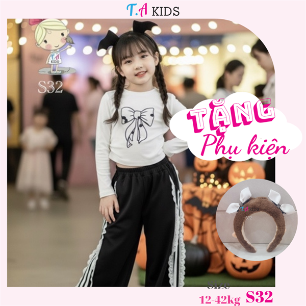 S32 (12-42kg) Set áo trắng nơ quần đen