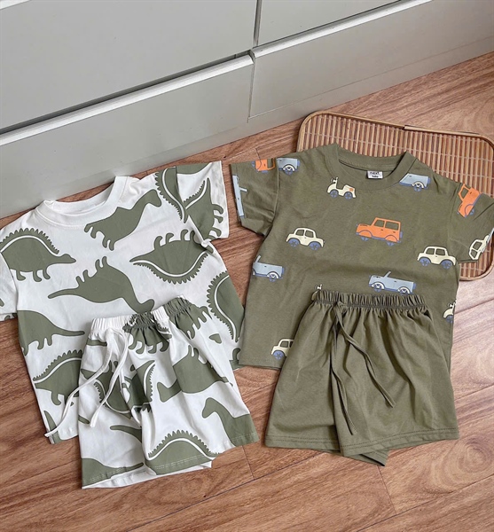 Set khủng long, ô tô rêu cotton siêu mềm đẹp cho bé trai 1-5 tuổi đi học đi chơi S090