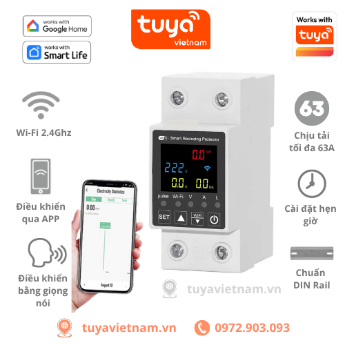 Cầu Dao Thông Minh Chống Dòng Rò, APTOMAT Wifi TUYA 63A, Điều Khiển Từ Xa, App Smartlife, Đo Điện