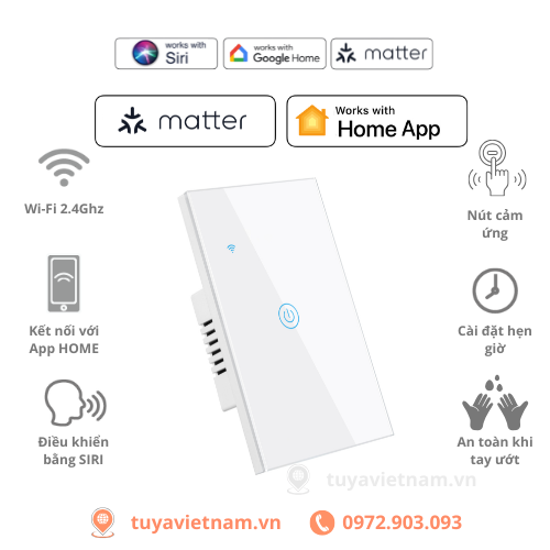 [Matter] Công Tắc Thông Minh MATTER Wifi Sử Dụng App Home, Hình Chữ Nhật Cảm Ứng 1-2-3-4 Nút