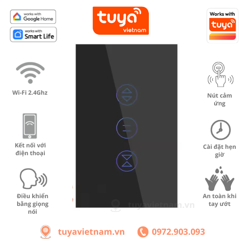 Công Tắc Điều Khiển Cửa Cuốn Thông Minh TUYA, Wifi, Hình Chữ Nhật, APP SmartLife