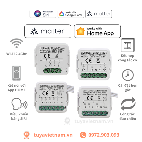 [Matter] Mô-đun Công Tắc MATTER Thông Minh Wifi, Sử Dụng App Home, Matter Module, 1-2-3-4 Kênh