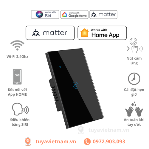 [Matter] Công Tắc Thông Minh MATTER Wifi Sử Dụng App Home, Hình Chữ Nhật Cảm Ứng 1-2-3-4 Nút