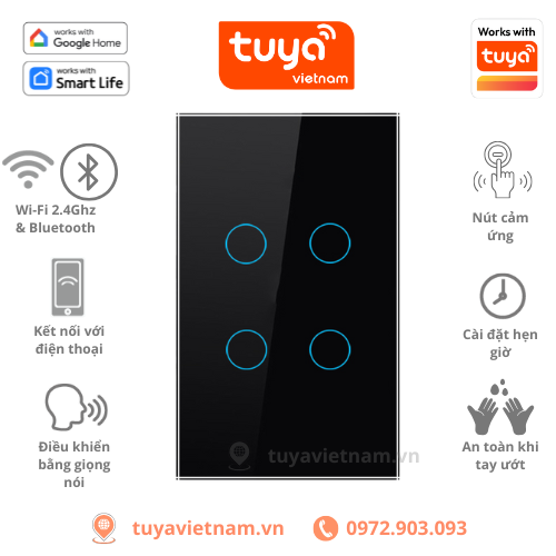 [Loại Tiêu Chuẩn] Công Tắc Thông Minh Wifi TUYA Hình Chữ Nhật, Cảm Ứng 1-2-3-4 Nút, App Smartlife
