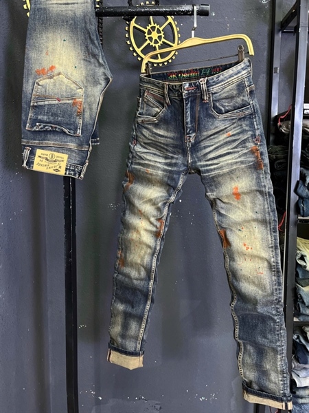 Jean Dài QCCC 3K-M15 Xanh was dơ Retro phủ đồng sơn cam