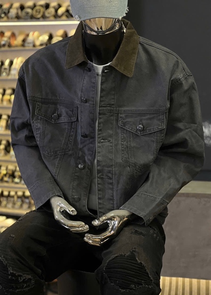 Khoác Jean QCSC-98905 Xám khóa cổ xanh rêu